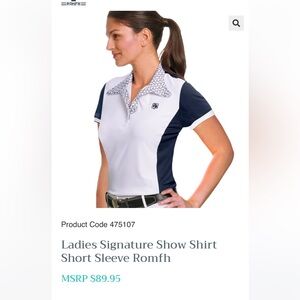 Brand new with tags ROMFH Signature Show Shirt, Woman’s Small, Navy/White